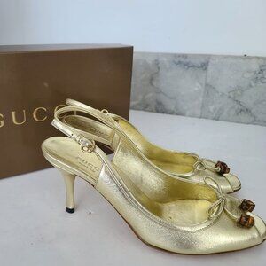 NEW Gucci Metallic Gold Leather Heels Pumps
